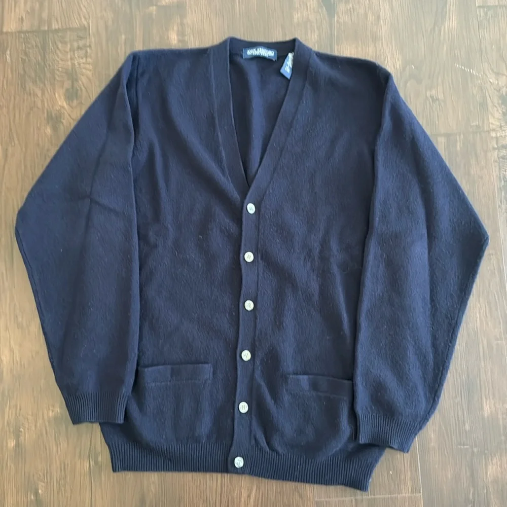 LANDS END MENS WOOL V NECK CARDIGAN BLUE LONG SLEEVE SWEATER POCKETS LARGE